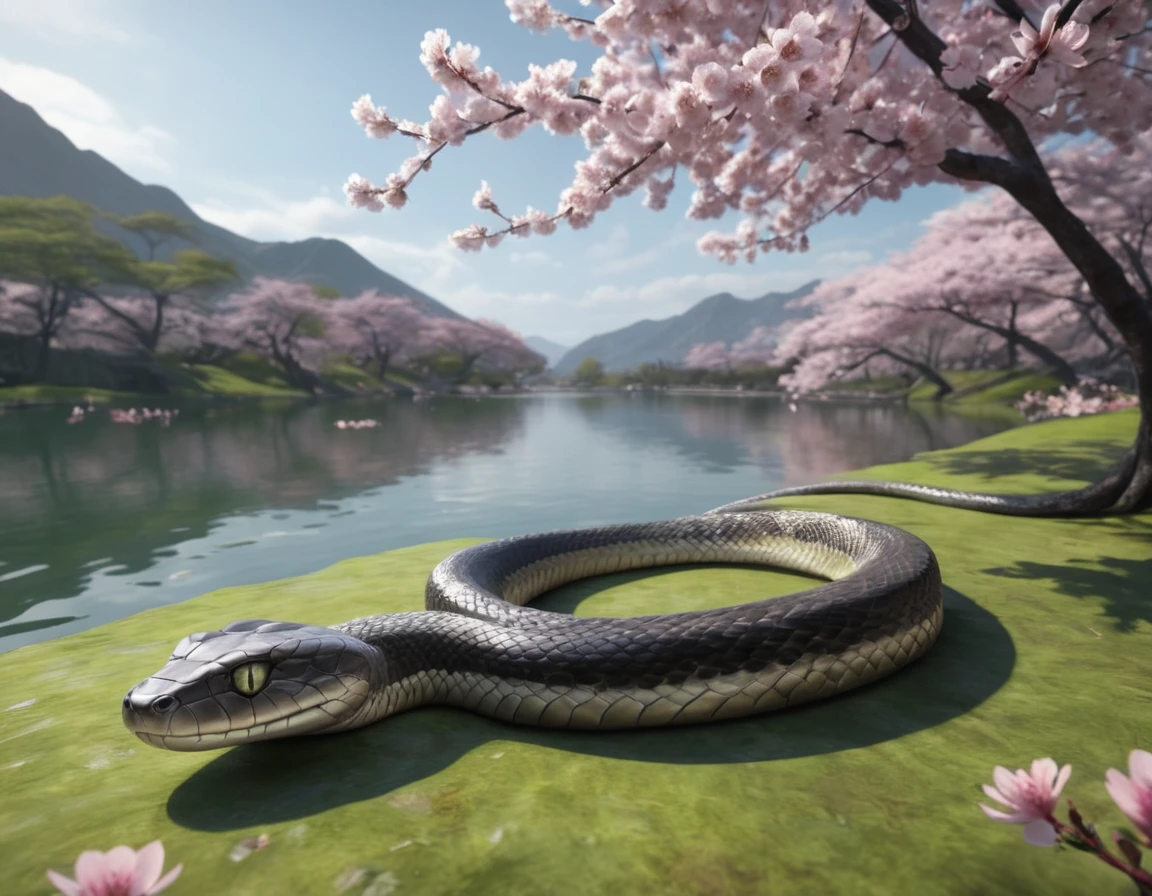 full body portrait of a realistic faint banded sea snake, cobra hybrid reptile, bright green, grey, silver, black scales, mysterious lake scenery, cherry blossoms, Asia, full body, cinematic, render, 8k, unreal engine, realistic, masterpiece, high detail, full body, low life, volumetric lighting