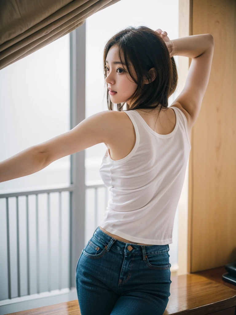 Realistic, Realistic details, detailed, One girl, thin, beautiful, Dynamic pose, detailed skin complexion, Casual clothing, Tight jeans, Yoga Tank Top, T-Shirts, thin太もも, Thigh Gap, Portraiture, Depth of written boundary, Blurred Background, Sharp focus, F1.8/35mm, perspective, Light and shadow contrast, The rule of thirds, Depth and Dimension,