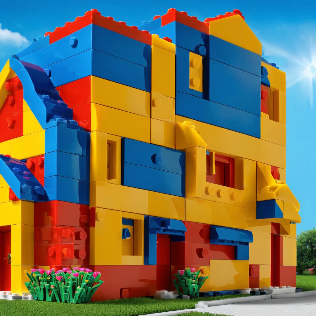 a close-up of a house with a red roof and a blue and yellow house, Red - yellow - blue building, logo without text, minimalist logo without text, using lego pieces to layout
