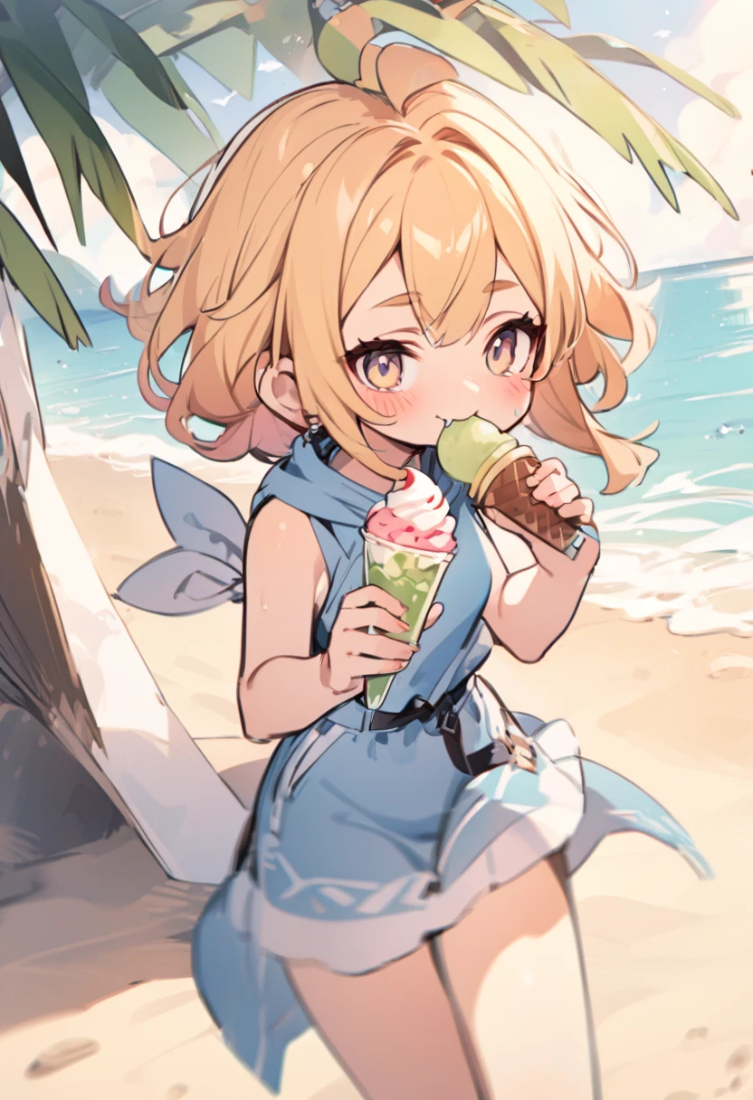 clothed Woman with hyperhidrosis , Sweat oozing out , Sweltering heat , My heart is beating fast with anticipation , shaved ice , summer sunny day , The moment I took a bite of the shaved ice, I was shocked.