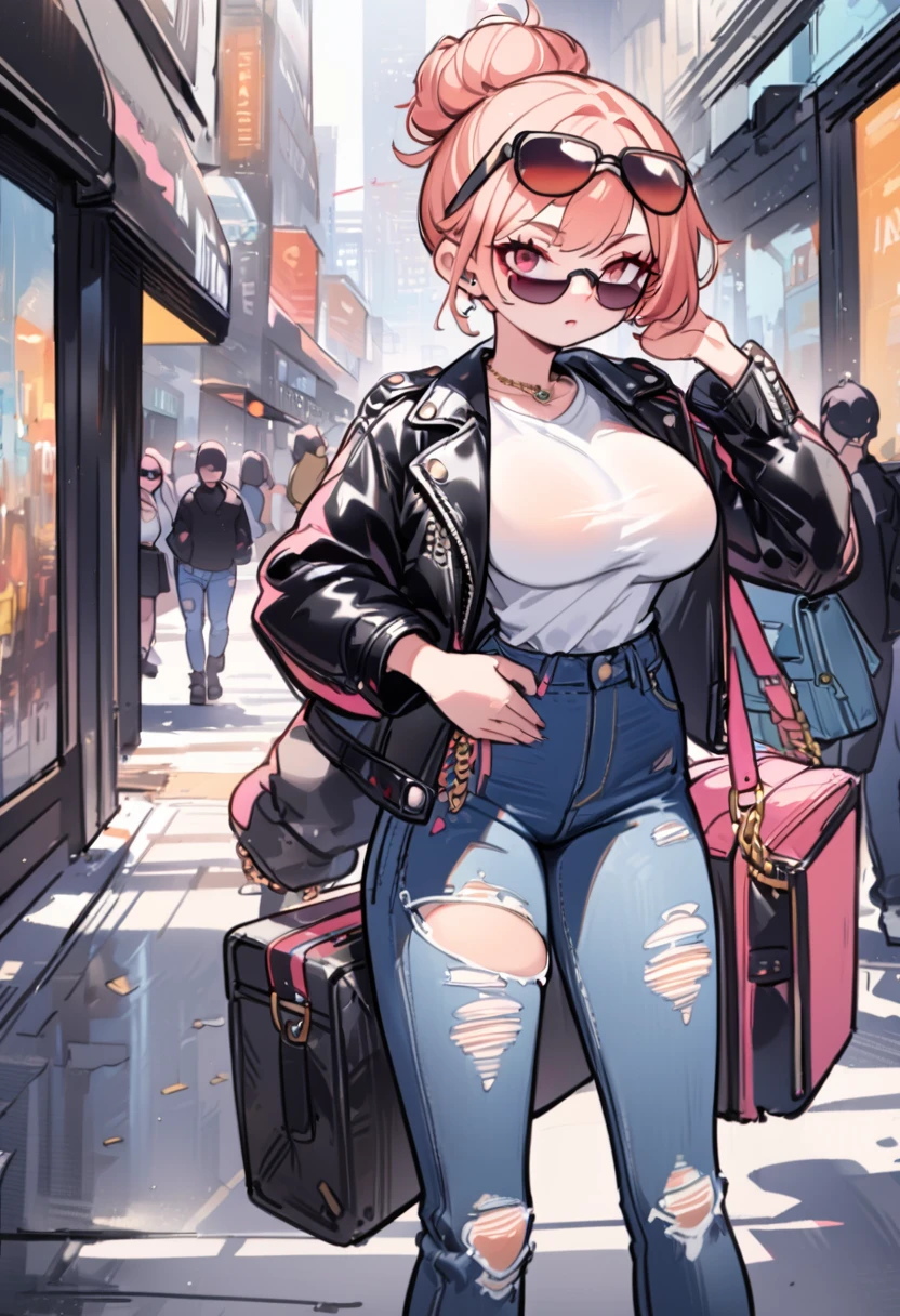 (work of art:1.2, best qualityer), 1 lady, standing alone, trunk, big boobies, Chic and edgy leather jacket paired with a classic white tee and distressed jeans Confident and effortless with minimal makeup and a messy bun (Music festival or a trendy neighborhood in the city center) Fancy Sunglasses and Chunky Jewelry, with a crossbody bag for greater convenience