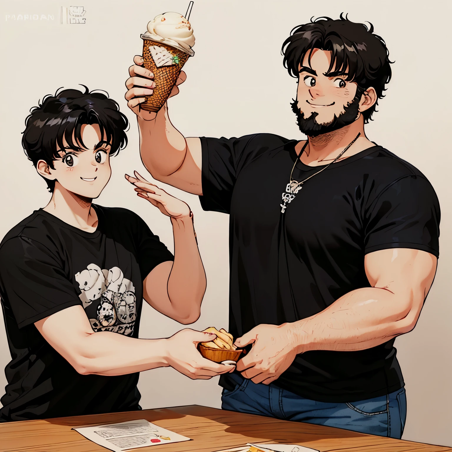 A tall fat man with short black hair, a black beard, and wearing a black t-shirt. He is a kiosk vendor, holding an ice cream in one hand and a french fries in the other, smiling at the camera and showcasing the products in his hands. This image is designed to resemble a logo for a snack bar.
