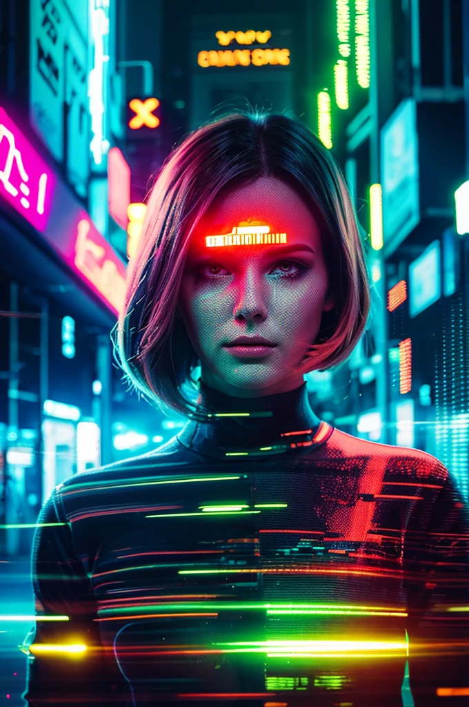 A surreal and vibrant cinematic photo of a glitching, collage portrait of a cyberpunk female, crafted with intricate layers of neon-lit cityscapes, fractured screens, and distorted reflections, blurring the lines between reality and virtual reality. The photorealistic image exudes a sense of futurism, with warm, saturated hues of pink, blue, and green, and a film grain texture that nods to retro sci-fi classics. Additional details include glowing circuitry, cryptic code streaming across her face, and a subtle, pulsing lighting effect that threatens to short-circuit the entire image.
