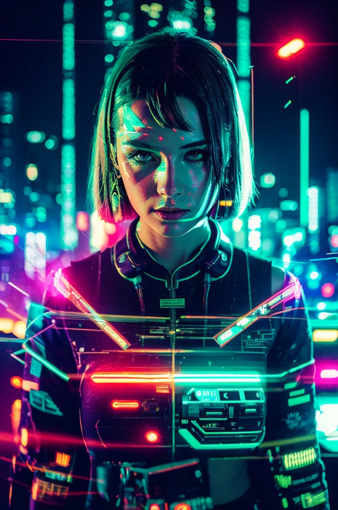 A surreal and vibrant cinematic photo of a glitching, collage portrait of a cyberpunk female, crafted with intricate layers of neon-lit cityscapes, fractured screens, and distorted reflections, blurring the lines between reality and virtual reality. The photorealistic image exudes a sense of futurism, with warm, saturated hues of pink, blue, and green, and a film grain texture that nods to retro sci-fi classics. Additional details include glowing circuitry, cryptic code streaming across her face, and a subtle, pulsing lighting effect that threatens to short-circuit the entire image.