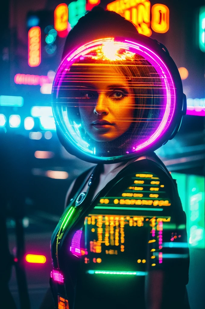 A surreal and vibrant cinematic photo of a glitching, collage portrait of a cyberpunk female, crafted with intricate layers of neon-lit cityscapes, fractured screens, and distorted reflections, blurring the lines between reality and virtual reality. The photorealistic image exudes a sense of futurism, with warm, saturated hues of pink, blue, and green, and a film grain texture that nods to retro sci-fi classics. Additional details include glowing circuitry, cryptic code streaming across her face, and a subtle, pulsing lighting effect that threatens to short-circuit the entire image.
