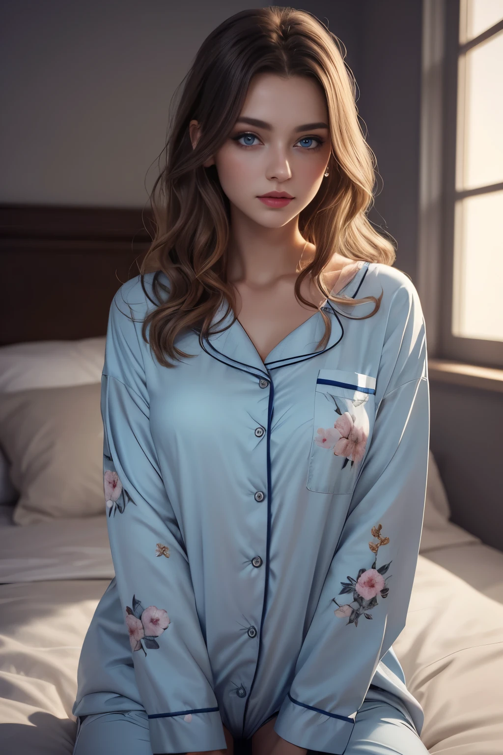 1girl, beautiful girl, girl in pajamas, blue eyes, detailed eyes, detailed lips, long eyelashes, no panties, cute, adorable, elegant, feminine, soft lighting, warm colors, dreamy, photorealistic, 8k, high resolution, masterpiece, realistic