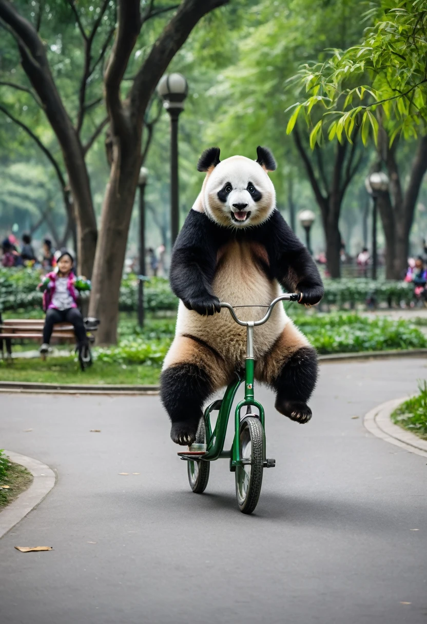 A large panda riding a tiny bicycle through a park. The panda looks surprisingly happy and balanced, with a little helmet on its head. People in the park are staring in amazement and laughter