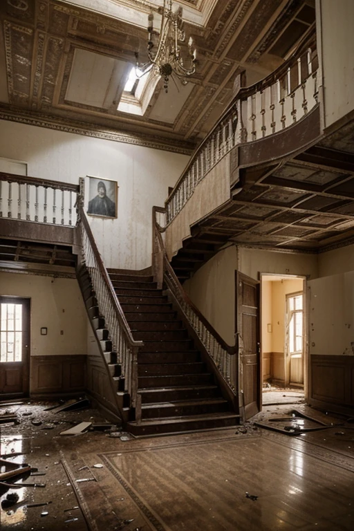 Image of a large abandoned house The inside of the house is spacious, with two floors. On the first floor, there is a large piano that is decorated with a picture of someone. There are stairs to the second floor, which is in the central hall of the house. Go up and you&#39;ll find a large window that lets in light. The condition of the house is full of vines. and trees grow inside the house The condition of the house is completely decayed. The house is old.