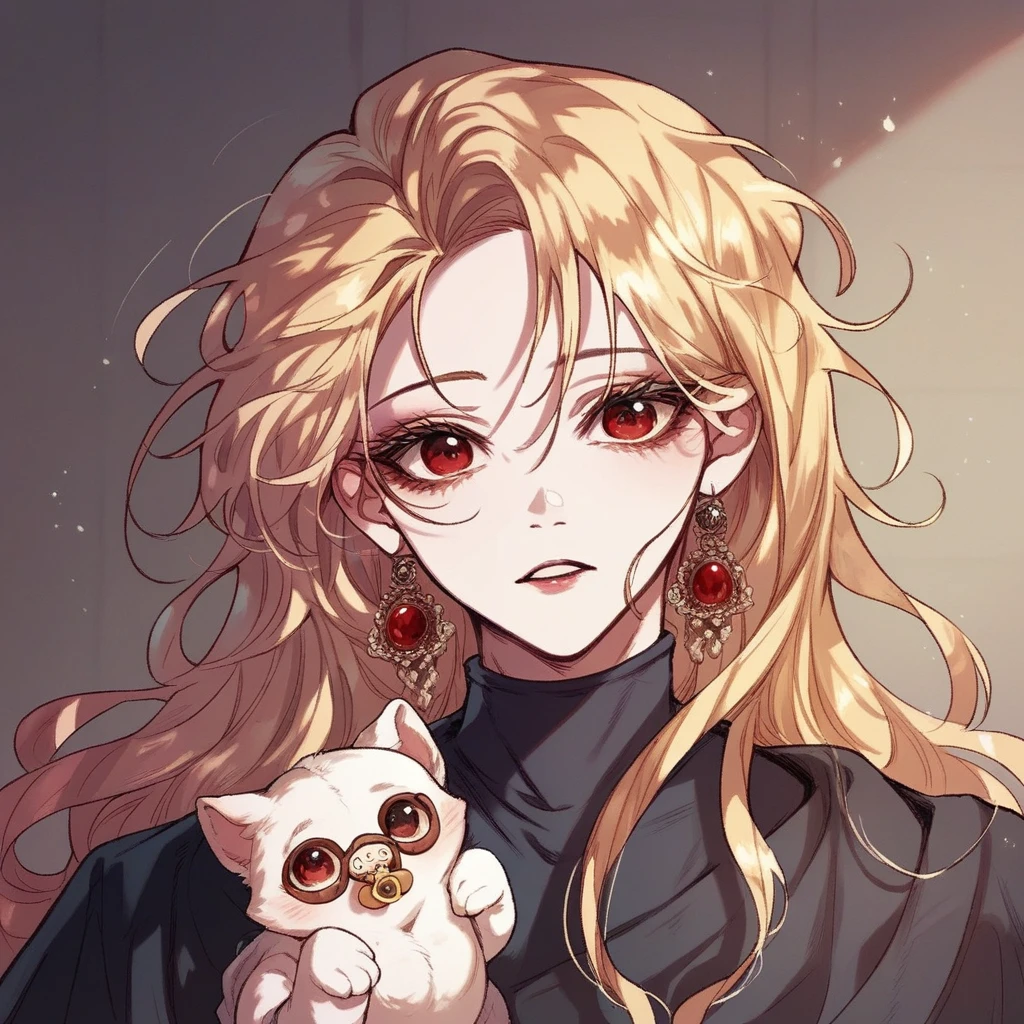 A baby girl with long blonde messy hair Roxana Agrece from How to Protect the Heroine’s Older Brother, with a white spot, one red eye and with a pacifier in the mouth, Harry Potter Gryffindor robes