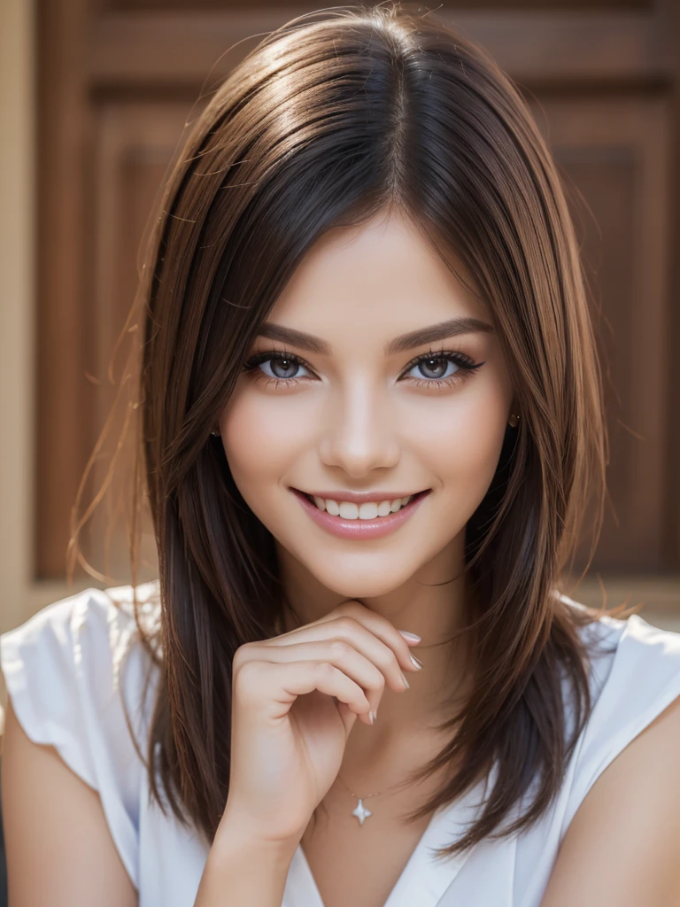 School french teacher, Beautiful makeup, beautiful, (( smile )), double eyelids, Touching hair with hand (best quality, highest rated, 8K))
