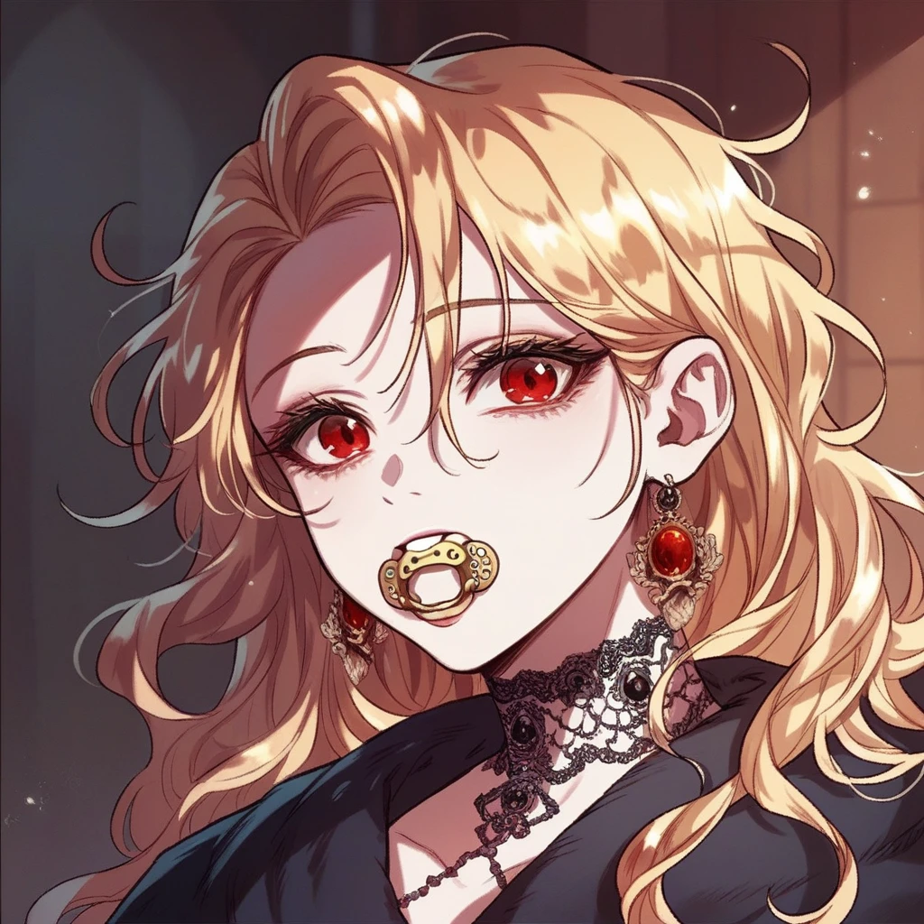 A baby girl with long blonde messy hair Roxana Agrece from How to Protect the Heroine’s Older Brother, with a white spot, one red eye and with a pacifier in the mouth, Harry Potter Gryffindor robes