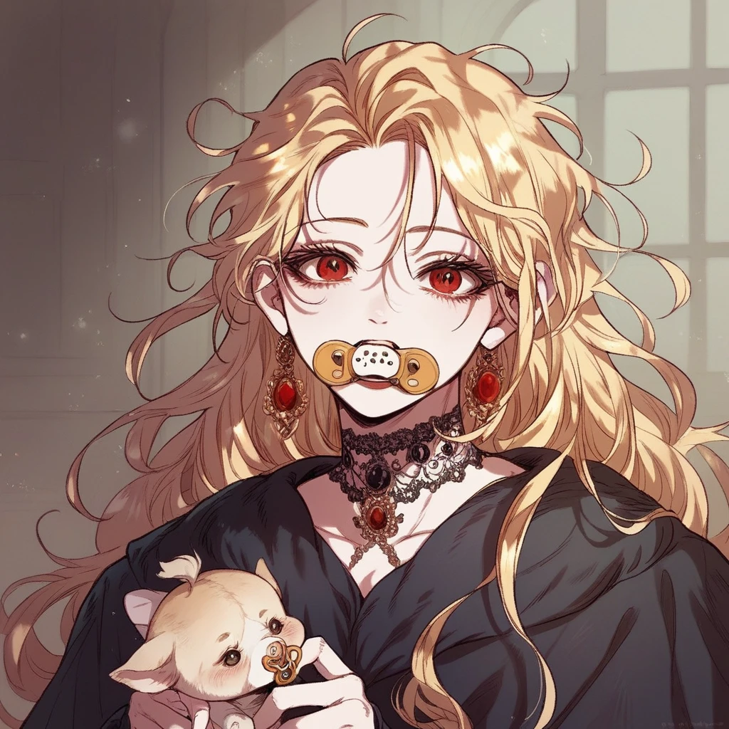 A baby girl with long blonde messy hair Roxana Agrece from How to Protect the Heroine’s Older Brother, with a white spot, one red eye and with a pacifier in the mouth, Harry Potter Gryffindor robes