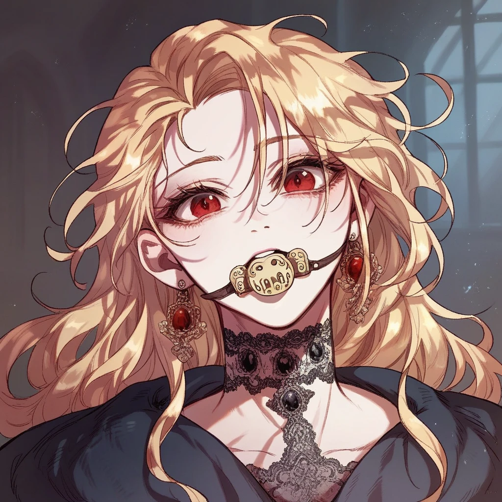 A baby girl with long blonde messy hair Roxana Agrece from How to Protect the Heroine’s Older Brother, with a white spot, one red eye and with a pacifier in the mouth, Harry Potter Gryffindor robes