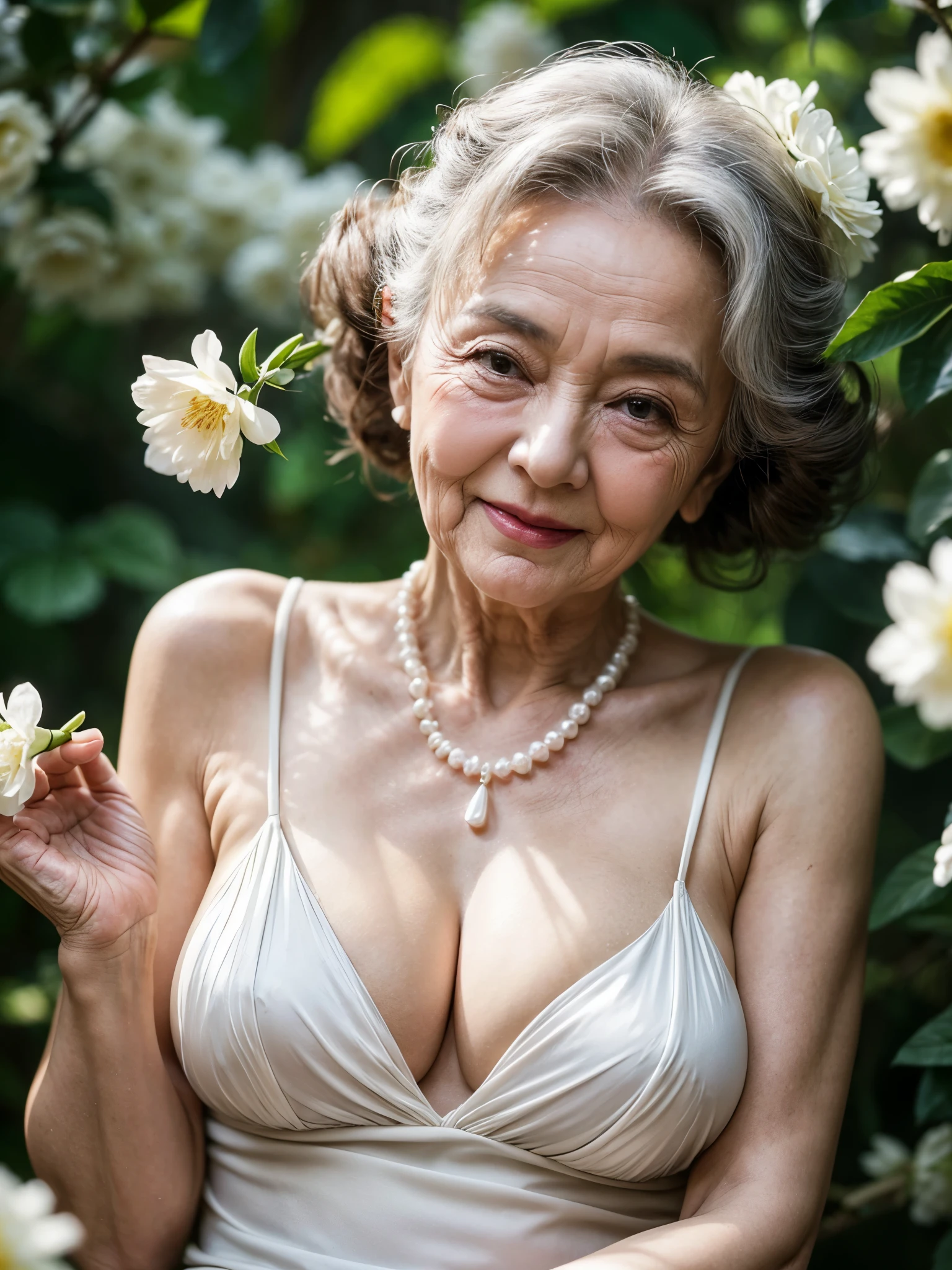 Beautiful elderly woman, cute,sexy,80 years old,,sexy,Wear a pearl necklace, Flowers in her hair, hair bunches, holding a little bunch of white flowers in her hand, posing with flowers, old woman, Ultra big Big saggy soft:1.4, Breasts, Curly Hair, big nipples, mature nipples