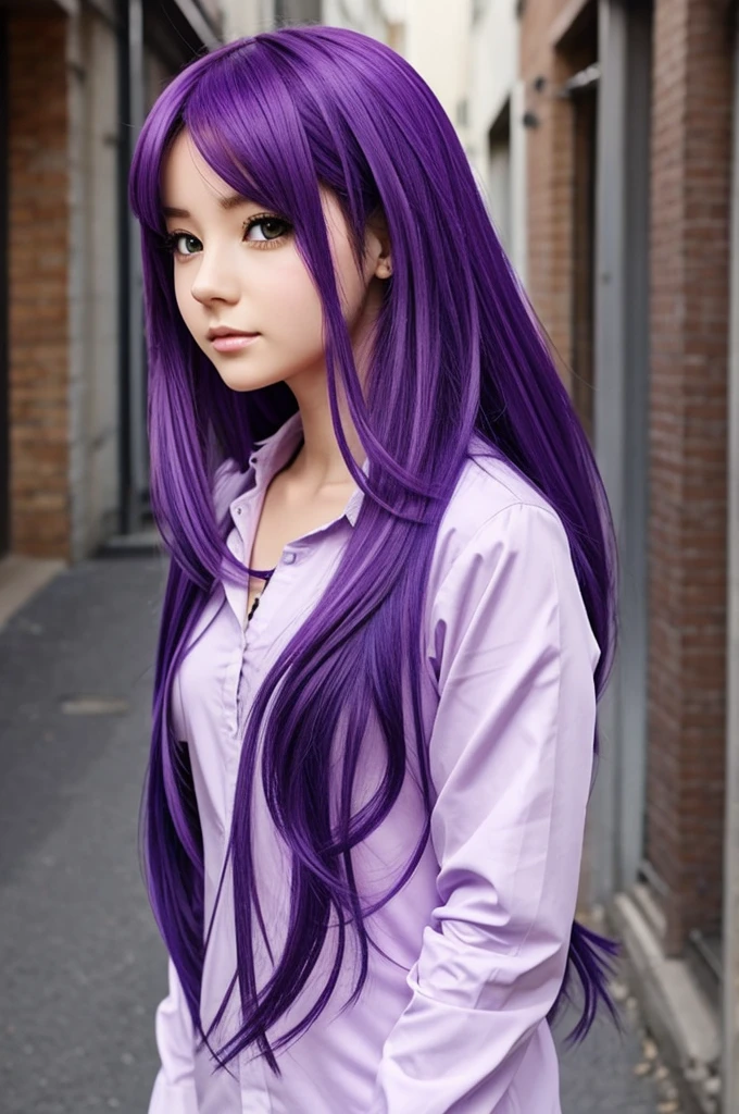 Generate me an anime drawing of a girl with purple hair