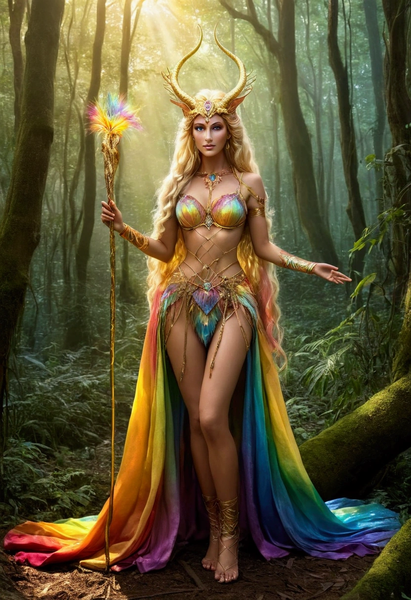 A beautiful, enchantingly elusive humanoid faunus woman, every aspect exudes magic in the midst of danger: shimmering rainbow fur, ethereal golden horn, and eyes that seem to hold the secrets of the universe. The mystical creature is surrounded by a lush, enchanted forest, bathed in the soft light of the setting sun, creating a dreamlike atmosphere that transports viewers to a realm of fantasy and wonder. This breathtaking image is a digital painting that captures the essence of the mythical creature with stunning detail and masterful technique, making it a truly mesmerizing work of art.