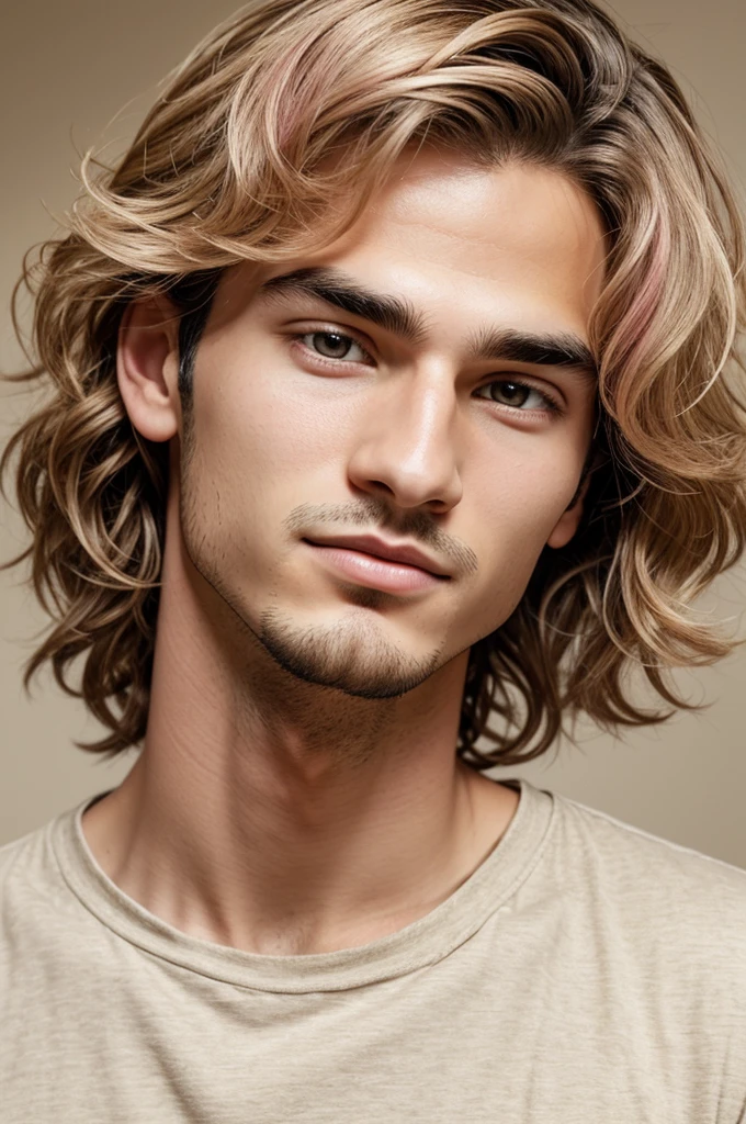 he is a man , He is light colored, his hair is wavy, his hairstyle is casual, has a thin face, his eyebrows are thick, beautiful, His eyes are honey colored, His eyelashes are long, his nose is thin, Her lips are full and pink, he is thin, wear casual clothes, he is American, he is 22 years old, He has cute gestures, his expression is love, gives a vibe of love, He has a look of knowing more about him, He is a Taurus sign., digital illustration of books. digital art