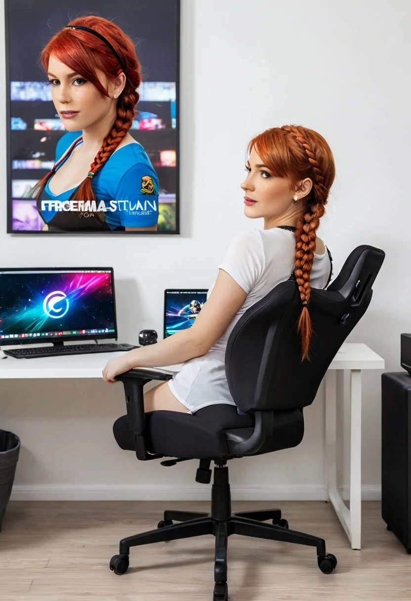 21 year old woman, redheadwear, braid hair create_room --style gamer --dimensions 20x15 --theme RGB --furniture "gaming chair, gaming table, led lights" --decor "favorite game posters, game console display shelf" --extras "sistema de som surround, gaming pc setup"
