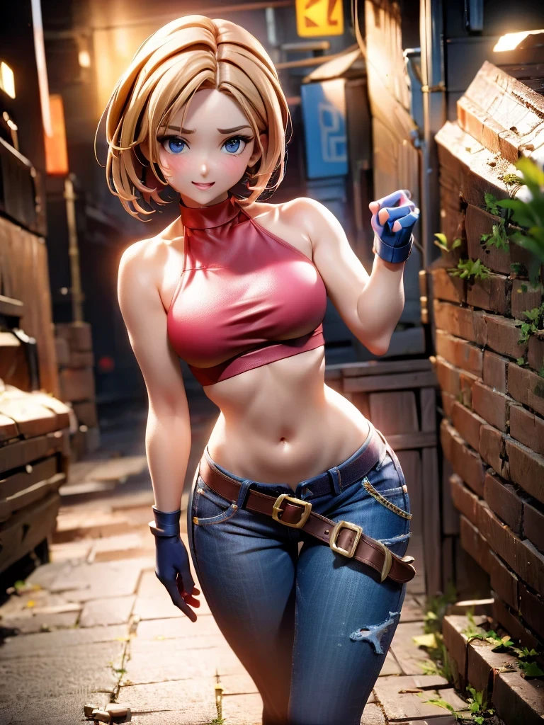 30 year old woman, alone, athletic, by the semi-cut ruby, she is wearing a tight red crop top, he wears blue jogger pants, has two belts, one small and the other a large belt hanging from his brown waist., wears blue fingerless gloves , he wears brown boots, smile at the viewer, points at the viewer, There is a little brown dog with white spots with her, high resolution, absurd, intricate, sharp focus, a New York alley in the background, Best Quality, Masterpiece, high resolution, Perfect picture, Very detailed, High contrast, Digital colors, simple, medium shot, cinematographic, ultra sharp focus, award-winning photography, perFect contrast, high sharpness, depth of field, ultra detailed photography, global illumination, fluid, ultra high definition, 8k, unreal engine 5, ultra-sharp focus, award-winning photography, Art Season Trends,