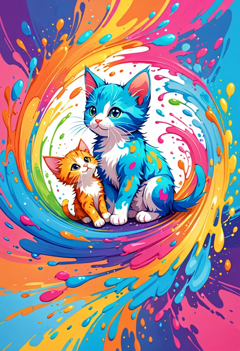  Designer t-shirt with colorful illustration of two little kittens, At the center, swirly vibrant colors, paint splashes and smears, high détail,
