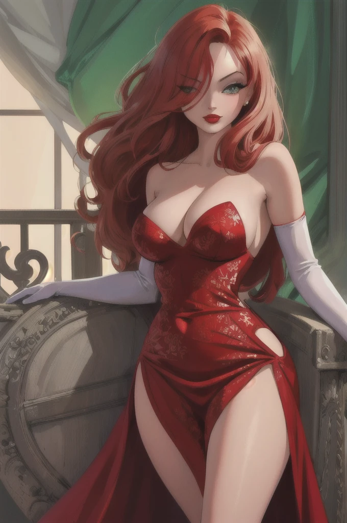 (Masterpiece, Best Quality, ultra detailed, High resolution, best illustration), 1 girl, beautiful JessicaWaifu red hair, hair over one eye, green eyes, red one piece dress, Strapless dress, elbow gloves, Red lips, make up, neckline, With curves,  evening, seductive eyes, seductive woman