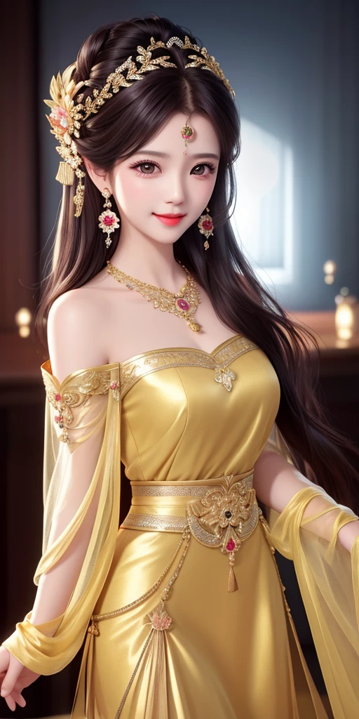 best quality, masterpiece, highres, 1girl, transparent silk china dress, beautiful face, hair ornament, looking at viewer, smile, closed mouth,lips, dress,hair ornament, necklace, jewelry, long hair, earrings, Beautiful face,upon_body, tyndall effect,photorealistic, dark studio, rim lighting, two tone lighting,(high detailed skin:1.2), 8k uhd, dslr, soft lighting, high quality, volumetric lighting, candid, Photograph, high resolution, 4k, 8k, Bokeh