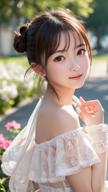 One Girl、（beautiful girl、Delicate girl：1.3）、（21 years old：1.3）、break、（Spring Clothes：1.3）、break、Very beautiful eyes、（Symmetrical eyes：1.3）、break、（Countless flowers、 a colorful flower field:1.3)、break、Small breasts、Brown eyes、(((double bun)))、Show your forehead、Brown Hair、break、(Eye and facial details:1.0)、break、(masterpiece、Highest quality、Very detailed) 、Detailed face、8K）、Cowboy Shot、smile:1.4、see-through、Open your mouth a little、Off the shoulder、Round Glasses、Raise your hands、