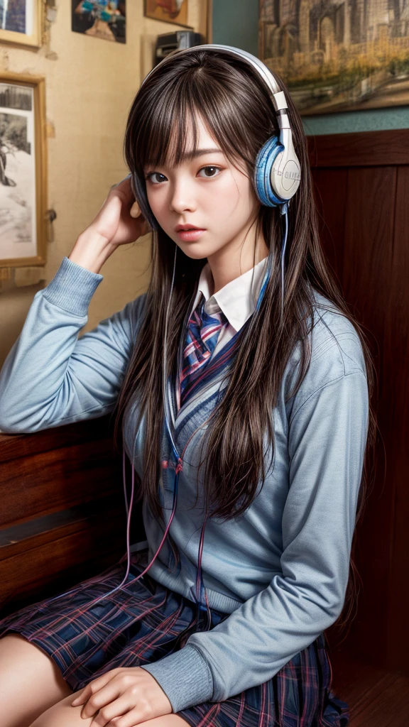 ((Listening to music through headphones))、On the bed in my room、(high school girl)、(Schoolgirl uniform)、Cross-legged、4K, Realistic,Very detailed、((Delicate painting)),(Detailed RAW photos of girls), (Masterpiece:1.25), (Highest quality:1.6), (Ultra-high resolution:1.5), (Realistic:1.75), 8K resolution,:1.6), Canon EOS R5, 50mm,Very detailedな,Cinema Lighting