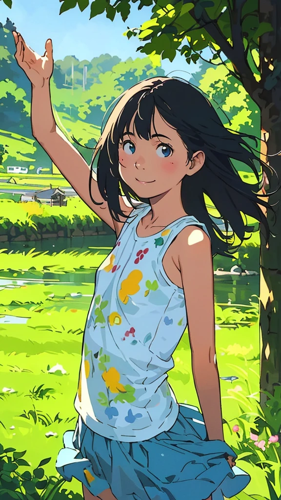 reasonable design, Clear lines, High Sharpness, (highest quality,8K,Perfect sharpness,Ultra fine,High resolution,masterpiece:1.2), Perfect Anatomy:1.5, Official Art, Illustrations that tell a story, (Whitish background:0. 9)、Body Positivity、More Mr.Physical expression、(Random and mischievous poses)、Perfect beauty、Perfect beautiful face、Strong winds、A rich expression、Dynamic composition、smile、Golden ratio composition、colorful、(Mr.Different angles and perspectives)、anime art、mini skirt、(Overcoming stereotypes)、 Glowing Skin、(Natural beauty)、smile、bangs、Straight Hair、(Soft and flowing hair)、(Rural Scenery)、(Nostalgic atmosphere)、Insert up to the thighs、(Playful and carefree)、(More Mr.Ethnic characters)、(innocent attitude)、(Sunny atmosphere)、Skirt flipped up、(Bright colors)、Belly button exposed、Beautiful Eyes、A skirt fluttering in the wind、Put it in to your feet、Some composition patterns、Tank top、sensuous、Geometric pattern、emotional、Cover of、