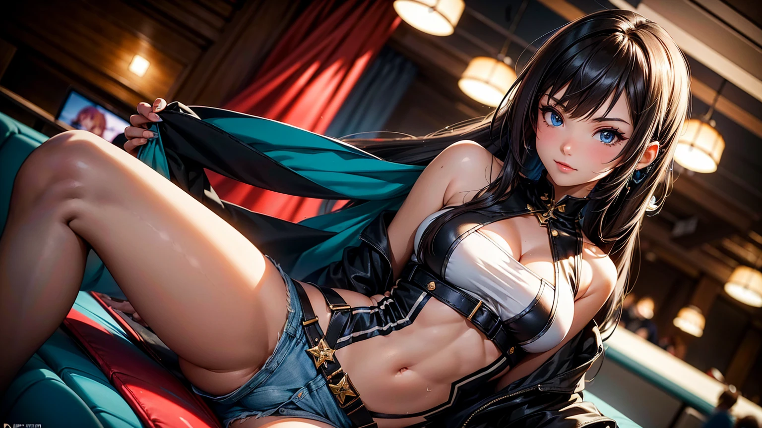 Create a high-quality, detailed image of a beautiful anime cat gamer girl with long hair, beautiful eyes. She is standing at an anime convention, dressed in a revealing gaming-themed cosplay. Her outfit consists of a skimpy tank top and short shorts that barely cover her, showcasing her midriff and highlighting her stunning curves. The attire leaves much of her skin exposed, emphasizing her tattoos and adding to her allure.
The convention scene is lively and vibrant, with colorful booths and enthusiastic attendees in the background. Soft ambient lighting enhances the atmosphere, casting a warm glow over the setting. Gaming setups and themed decorations surround her, capturing the excitement and energy of the event. The overall ambiance should highlight her as a captivating centerpiece, embodying the playful and alluring spirit of the anime convention.