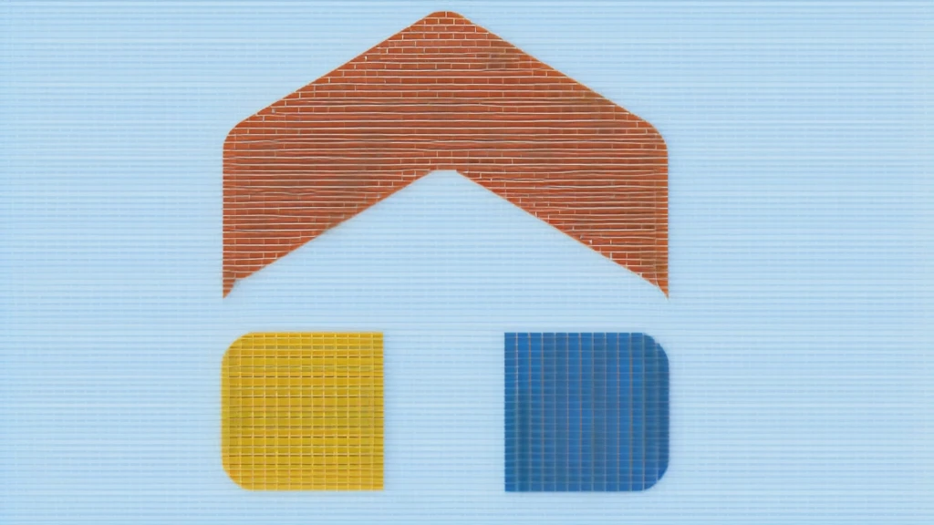 minimalist logo design of a house red roof and a blue and yellow house, Red - yellow - blue building, logo without text, minimalist logo without text, using lego pieces to layout
