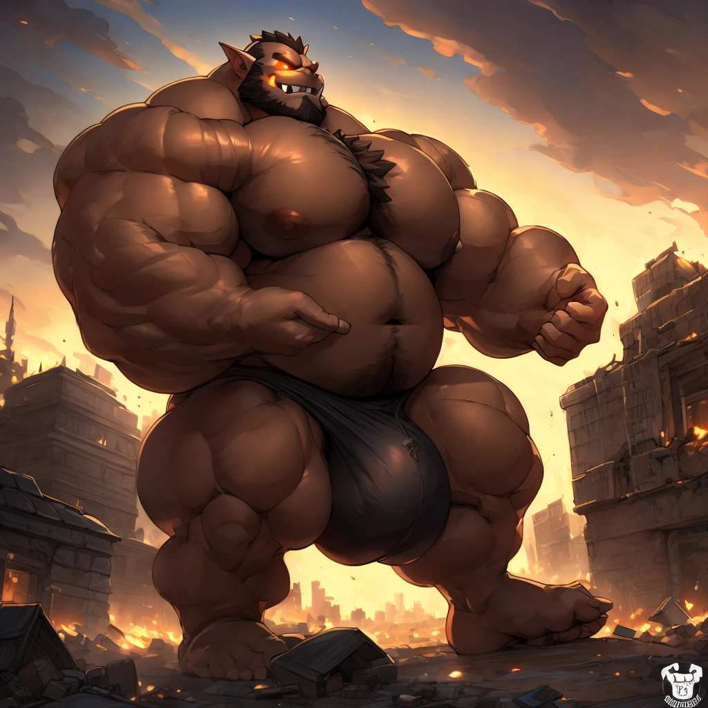 Epic Citizen Zootopia style, My Heroe Academia Character, Dungeons and Dragons style, A poor villager, Real life, Anime serie, Anime character, Obese muscle Obese Sumo wrestler Werebeast Kid, full body pic (obese, strong legs and arms) Sumo wrestler Werebeast Kid. Obese muscle fat kid (bulky, wide, broad shoulders), Citizen obese Werebeast kid, Orc, male, Strong build, green hairy skin, chest hair, black beard, long sharp teeth, large thick lower canine teeth, thick pointed ears, (glowing eyes: 1.2), giant sized, no pants, larger than city, reclining on a battlefield, buckled boots, stepping on building, rampage, impact, his foot is breaking the ground, wearing a rag around waist, looking down, evil smile, thick arms, thick thighs, (large pecs: 1.2), fat pecs, (bara pecs: 1.3), macro, landscape dwarfing, city destruction, building destruction, ruined city, city on fire, city dwarfing, giant bulge in pants, tiny human soldiers