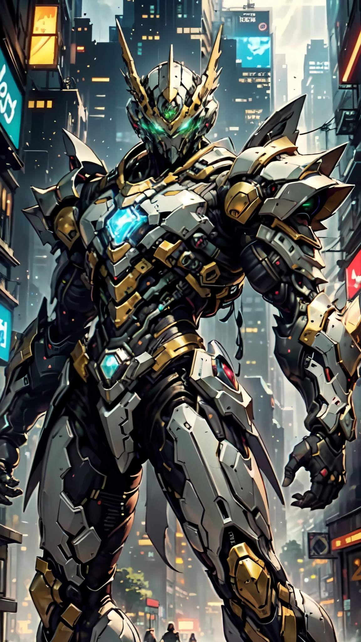 (masterpiece:1.5, best quality:1.5, extremely delicate:1.5, foreshortening:1.5, dynamic angle:1.5), a man wearing a full-face helmet, a fantasy-style biotech armored combat suit, green eyes, (a composite layered chest armor), fully enclosed shoulder guards, matching arm and leg guards, the belt is adorned with neon circuitry, (the color scheme is primarily black glow with green and red accents), the design balances heavy with agility, a high-tech bio-mecha armor, (Armor Concept Inspired by neon Cyberpunk, stand on the top of a skyscraper in a futuristic sci-fi city), this character embodies a finely crafted fantasy-surreal style armored hero in anime style, exquisite and mature manga art style, (element, plasma, energy, the armor glows), ((male:1.5)), metallic, high definition, highres, ultra-detailed, ultra-fine painting, professional, perfect body proportions, golden ratio, anatomically correct, symmetrical face, extremely detailed eyes and face, high quality eyes, creativity, RAW photo, UHD, 32k, Natural light, cinematic lighting, masterpiece-anatomy-perfect