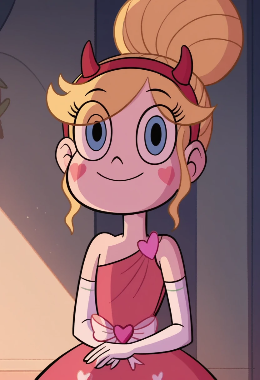 starbutterfly, blonde hair, 1girl, white boots, horned headwear, solo, elbow gloves, blue eyes, hair bun, pink dress, facial mark, smile, eyes visible through hair, score_9, score_8_up, score_7_up, score_6_up, score_5_up, score_4_up, looking at viewer,