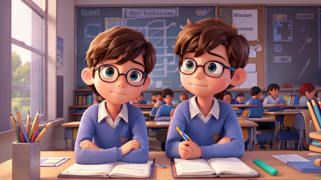 a boy sitting in classroom, books, notebook, whiteboard, language learning materials, focused but slightly overwhelmed expression, detailed facial features, , school setting, (best quality,4k,8k,highres,masterpiece:1.2),ultra-detailed,(realistic,photorealistic,photo-realistic:1.37),hyperrealistic, cinematic lighting, warm color tones, natural lighting, high detail, school interior, school desk, stacks of books, pencils, pens, textbooks, chalkboard, educational posters, window light, looking up thoughtfully, earnest expression