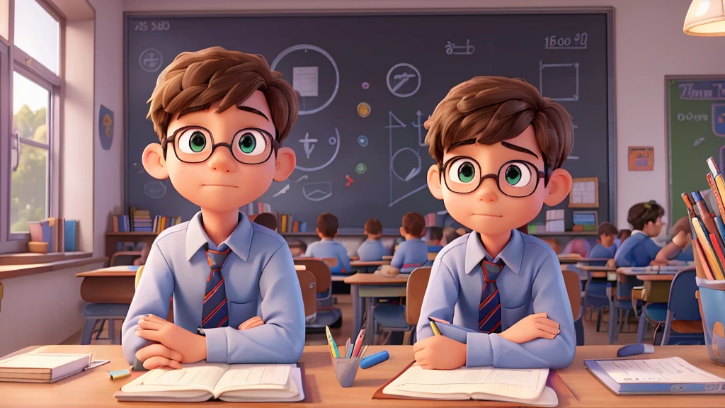 a boy sitting in classroom, books, notebook, whiteboard, language learning materials, focused but slightly overwhelmed expression, detailed facial features, , school setting, (best quality,4k,8k,highres,masterpiece:1.2),ultra-detailed,(realistic,photorealistic,photo-realistic:1.37),hyperrealistic, cinematic lighting, warm color tones, natural lighting, high detail, school interior, school desk, stacks of books, pencils, pens, textbooks, chalkboard, educational posters, window light, looking up thoughtfully, earnest expression