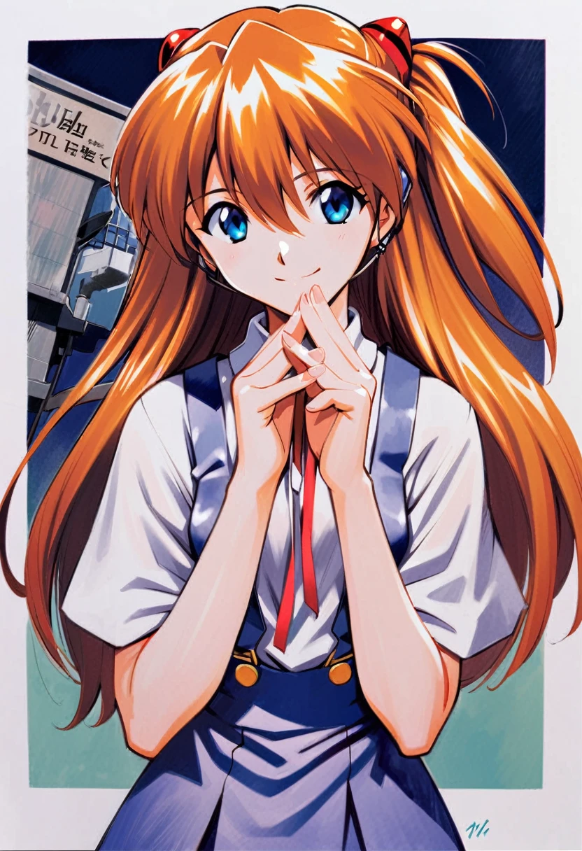 clock, wristclock, One girl, Soryu Asuka Langley, alone, Long Hair, , blue eyes, smile, White Background, ribbon, shirt, Simple Background, with own hands, Orange Hair, Short sleeve, skirt, red ribbon, neck ribbon, white shirt, bangs, Hair between the eyes, View your viewers, Tokyo 3 Middle , sign, Mouth closed, Both sides up, hair ornaments, suspender skirt, Interface Headset, suspenders, Traditional Media, Cowboy Shot, Intertwined fingers, blue skirt,