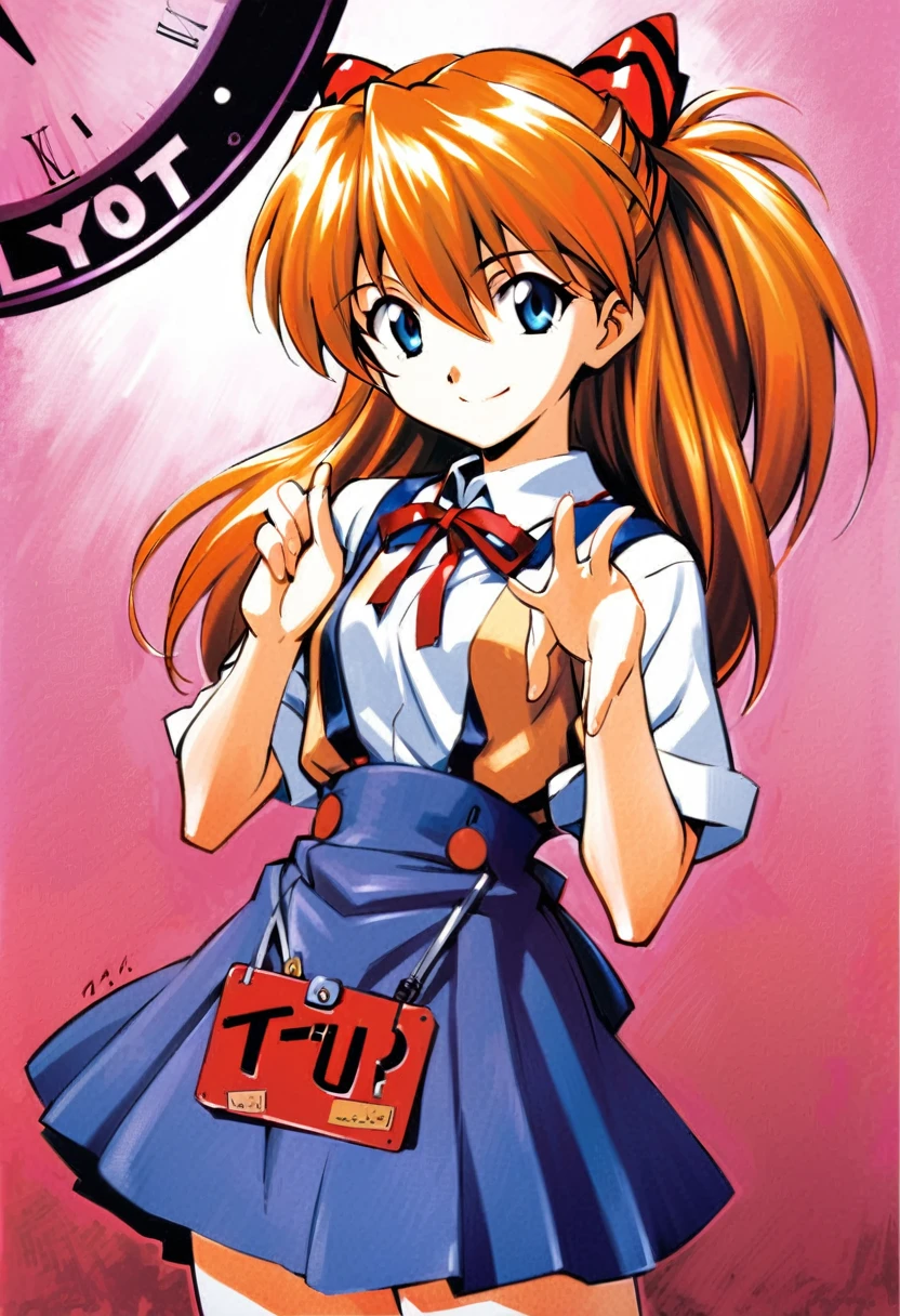 clock, wristclock, One girl, Soryu Asuka Langley, alone, Long Hair, , blue eyes, smile, White Background, ribbon, shirt, Simple Background, with own hands, Orange Hair, Short sleeve, skirt, red ribbon, neck ribbon, white shirt, bangs, Hair between the eyes, View your viewers, Tokyo 3 Middle , sign, Mouth closed, Both sides up, hair ornaments, suspender skirt, Interface Headset, suspenders, Traditional Media, Cowboy Shot, Intertwined fingers, blue skirt, 
