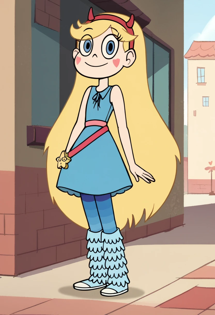 starbutterfly, 1girl, blonde hair, horned headwear, long hair, solo, , smile, very long hair, dress, pantyhose, striped pantyhose, blue dress, standing, facial mark, full body, sneakers, blue legwarmers, sleeveless, pink belt, score_9, score_8_up, score_7_up, score_6_up, score_5_up, score_4_up, looking at viewer,outdoors,