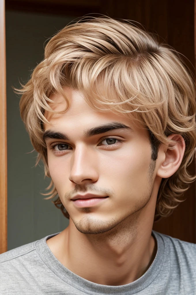 he is a man , He is light colored, his hair is wavy, his hairstyle is casual, has a thin face, his eyebrows are thick, beautiful, His eyes are honey colored, His eyelashes are long, his nose is thin, Her lips are full and pink, he is thin, wear casual clothes, he is American, he is 22 years old, He has cute gestures, his expression is love, gives a vibe of love, He has a look of knowing more about him, He is a Taurus sign., digital illustration of books. digital art