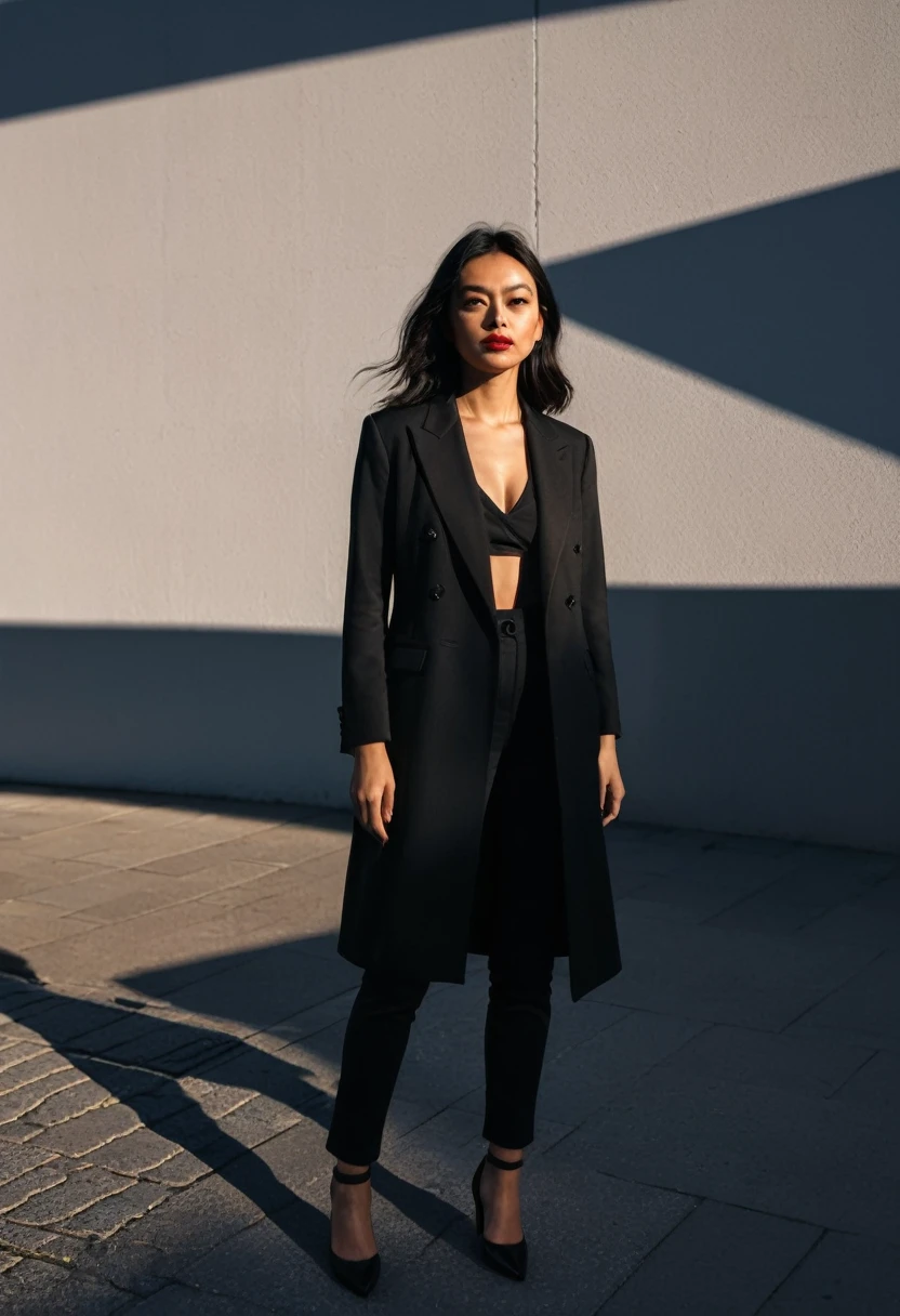 high resolution photography, Woman, impressive use of shadows, in the style of sharp lines and shapes,  ultra HD, filmed on a Sony A7III --ar 1:2 --gross style --stylize 250