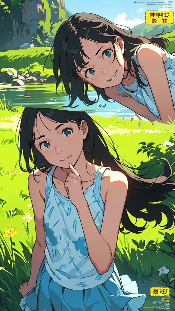 reasonable design, Clear lines, High Sharpness, (highest quality,8K,Perfect sharpness,Ultra fine,High resolution,masterpiece:1.2), Perfect Anatomy:1.5, Official Art, Illustrations that tell a story, (Whitish background:0. 9)、Body Positivity、More Mr.Physical expression、(Random and mischievous poses)、Perfect beauty、Perfect beautiful face、Strong winds、A rich expression、Dynamic composition、smile、Golden ratio composition、colorful、(Mr.Different angles and perspectives)、anime art、mini skirt、(Overcoming stereotypes)、 Glowing Skin、(Natural beauty)、smile、bangs、Straight Hair、(Soft and flowing hair)、(Rural Scenery)、(Nostalgic atmosphere)、Insert up to the thighs、(Playful and carefree)、(More Mr.Ethnic characters)、(innocent attitude)、(Sunny atmosphere)、Skirt flipped up、(Bright colors)、Belly button exposed、Beautiful Eyes、A skirt fluttering in the wind、Put it in to your feet、Some composition patterns、Tank top、sensuous、Geometric pattern、emotional、Cover of、