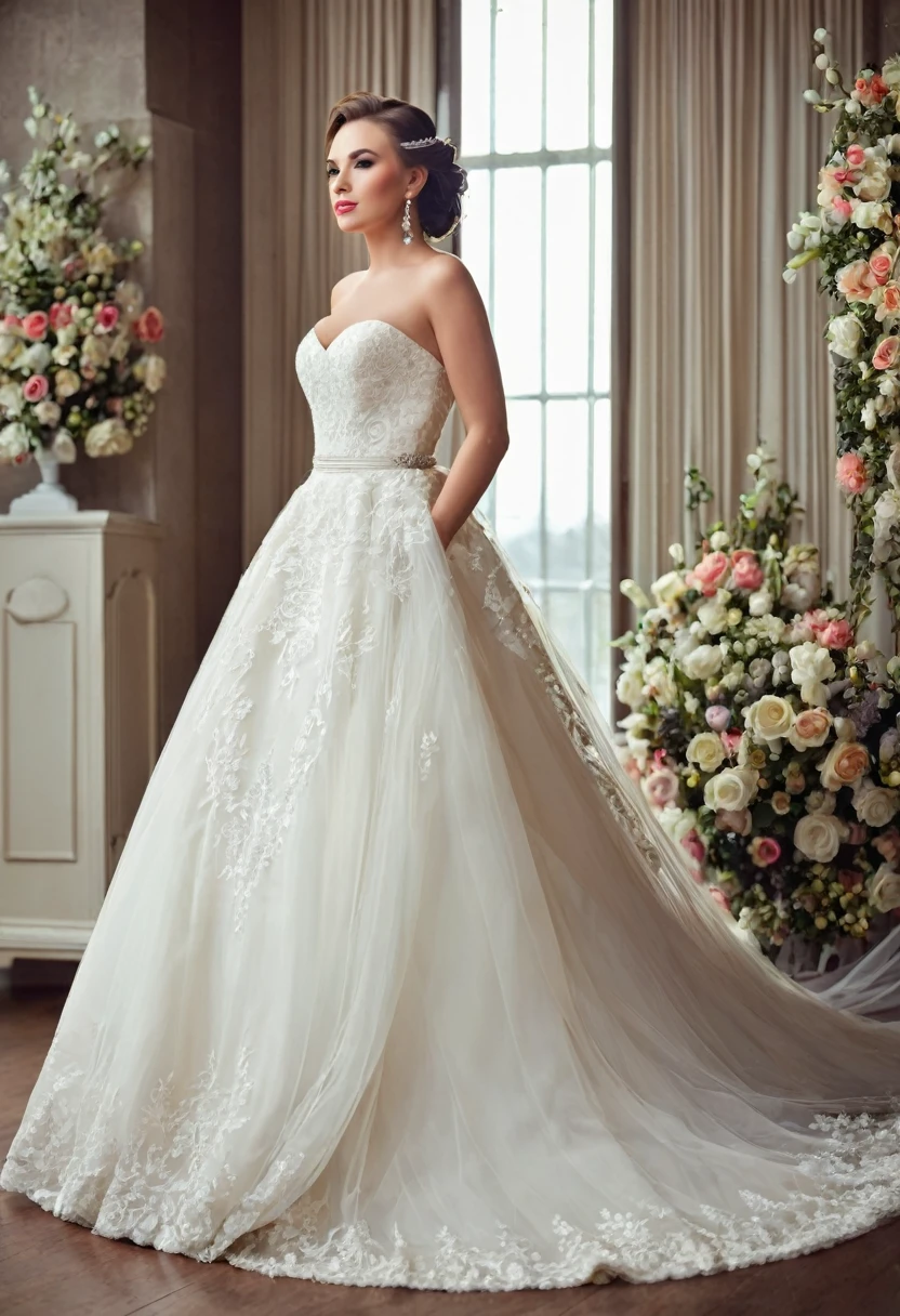 Beautiful woman, beautiful bride dresses, beautiful style, beautiful makeup, full length