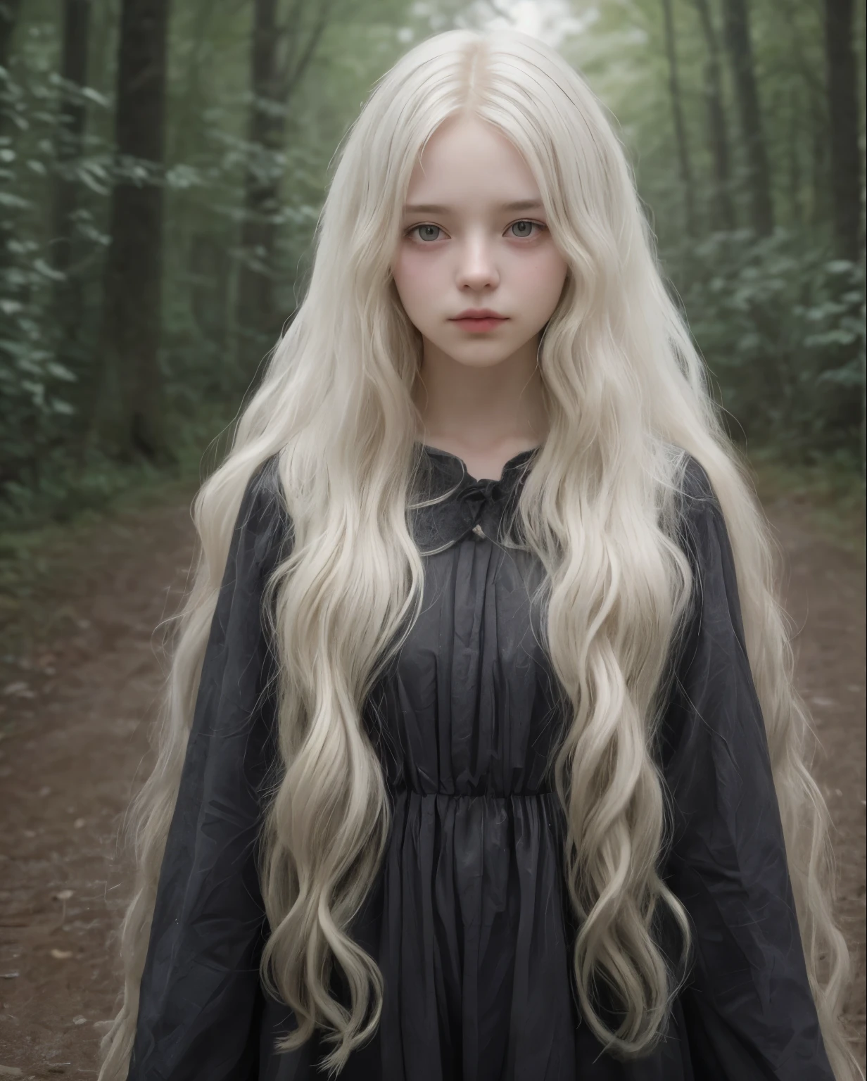 Girl with white long hair, which curl, standing waist-deep in front of the camera, background simple and dark, Older girl, His face is thin, White dress, European appearance