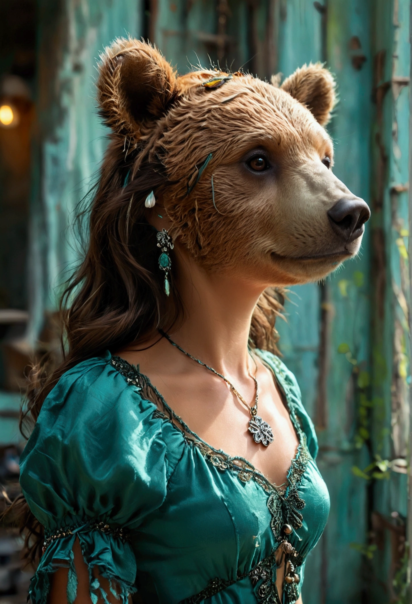 , with brown hair, has a bear's head on her head, with tanned skin, aqua green dress and black pants, she walks barefoot. On her neck she wears a pendant with a bear's paw.