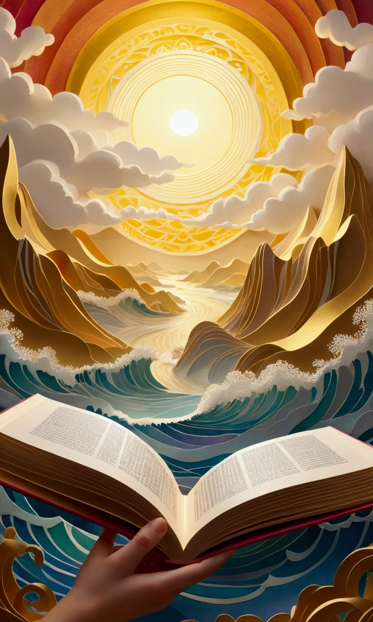 centered first person view, holding a pop up book, paper Cutting art, intricate, (best quality, masterpiece, Representative work, intrincated gold patterns in the cover, the book emanates a golden light and a burst of wind revolves the mist and colored fog of the room,thick wavy Brush strokes, Digital illustration. brush strokes, watercolor, in the background golden rays and beautiful landscape, fantastic art, dreamy atmosphere, rainbow waves, Peaceful environment, close up
