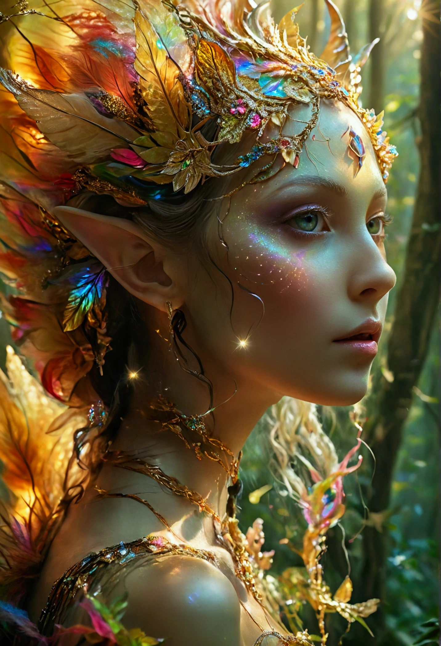 A beautiful, enchantingly elusive humanoid faunus woman, every aspect exudes magic in the midst of danger: shimmering rainbow fur, ethereal golden horn, and eyes that seem to hold the secrets of the universe. The mystical creature is surrounded by a lush, enchanted forest, bathed in the soft light of the setting sun, creating a dreamlike atmosphere that transports viewers to a realm of fantasy and wonder. This breathtaking image is a digital painting that captures the essence of the mythical creature with stunning detail and masterful technique, making it a truly mesmerizing work of art.