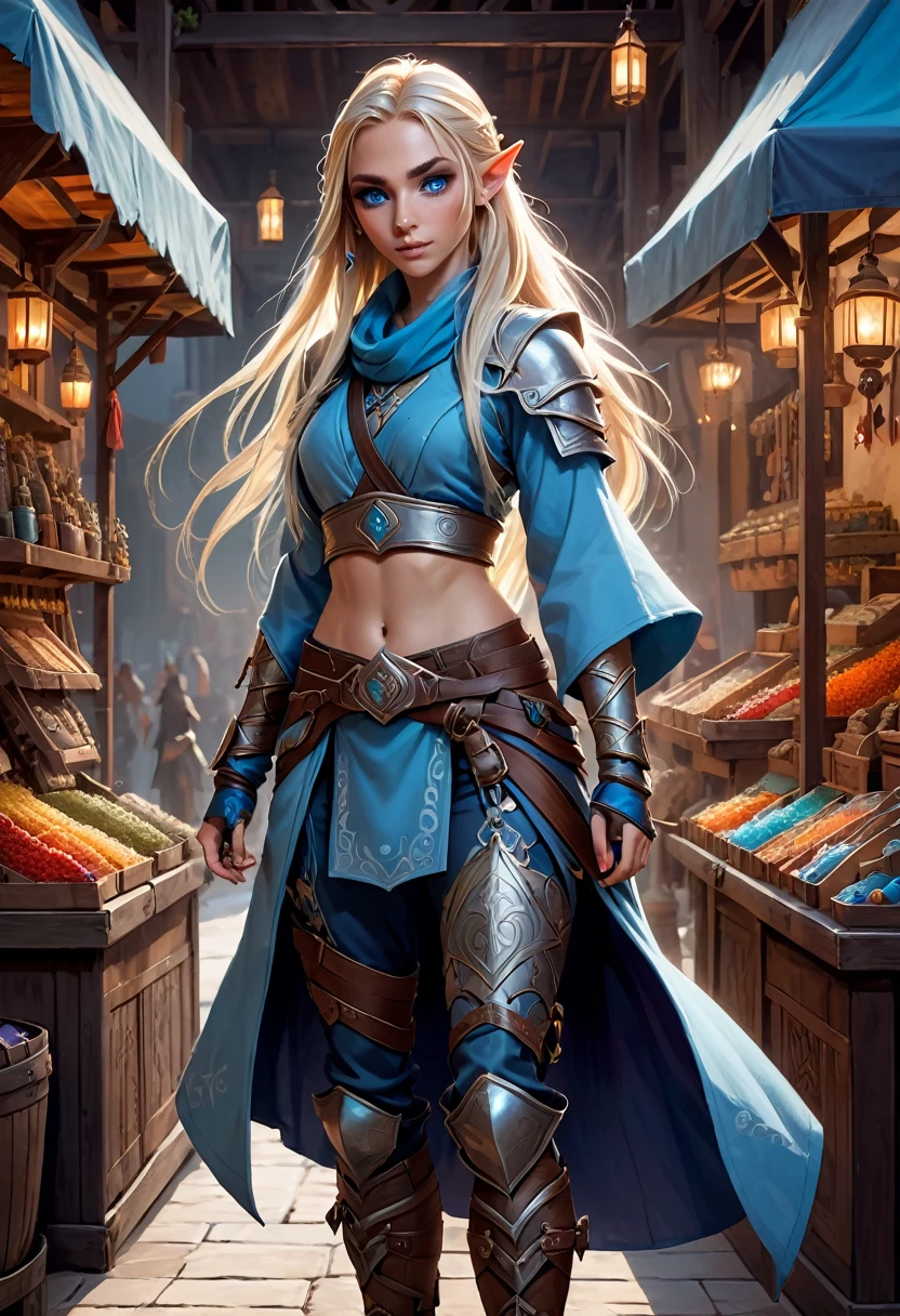 D&D character art. athletic slender female elf. colorful tribal and rune tattoos, 150cm in hight, big blue eyes, long wild blond hair with sitecut. wearing pale blue ronin leather kimono. reinforced armored bracers. fingerless armored gloves. wide leather utility tool belt. leather haka pants. armored boots. a broad vicious katana hanging from belt. standing in front of a magic equipment vendor in a fantasy magic marketplace. oil painting style
