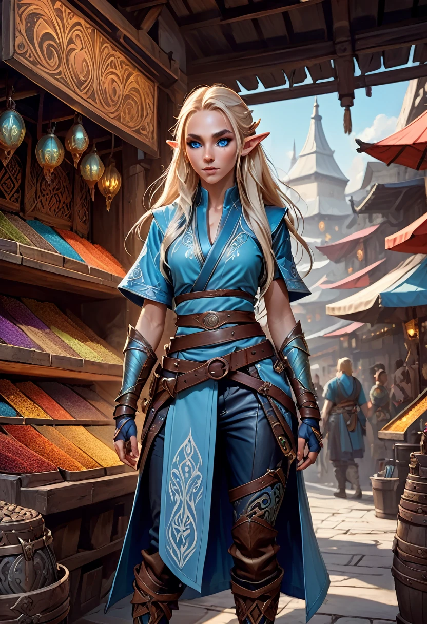 D&D character art. athletic slender female elf. colorful tribal and rune tattoos, 150cm in hight, big blue eyes, long wild blond hair with sitecut. wearing pale blue ronin leather kimono. reinforced armored bracers. fingerless armored gloves. wide leather utility tool belt. leather haka pants. armored boots. a broad vicious katana hanging from belt. standing in front of a magic equipment vendor in a fantasy magic marketplace. oil painting style
