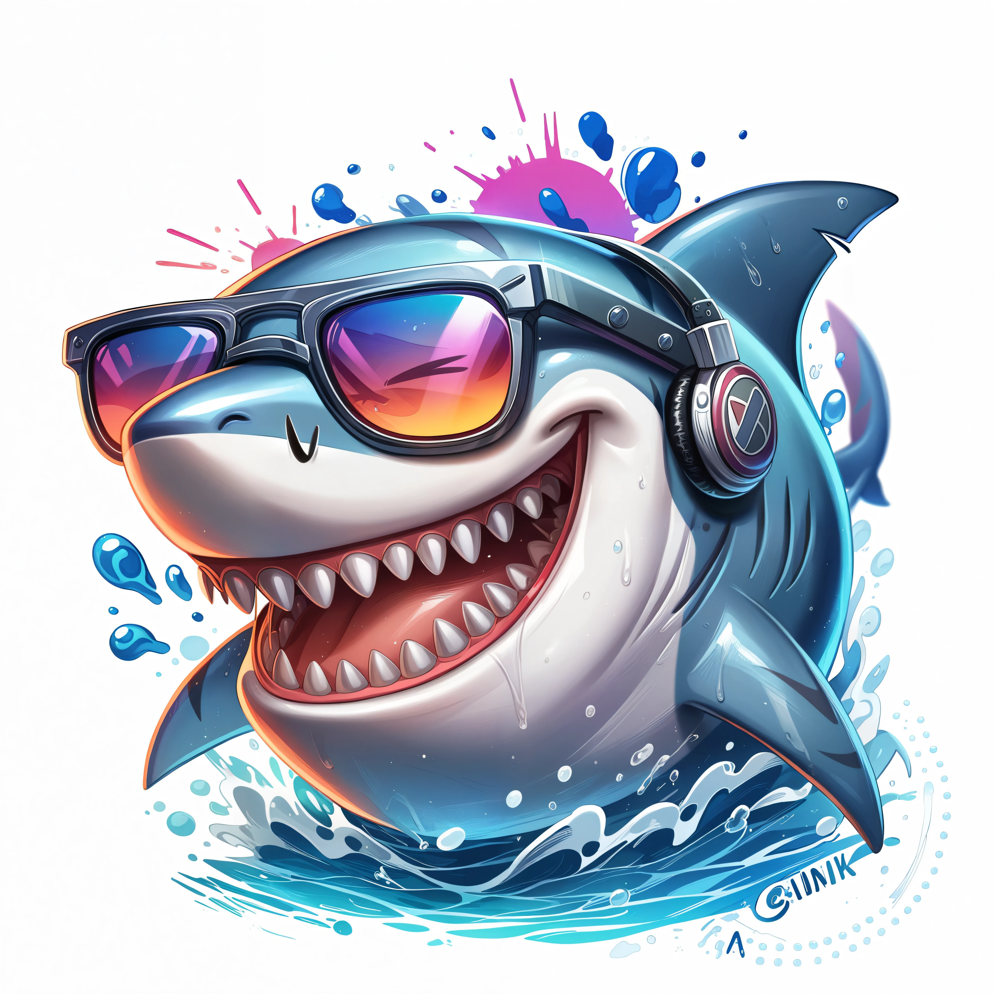 cartoon shark with sunglasses and headphones in the water, anthropomorphic shark, shark and guitar, Crisp, high-quality illustrations, shark, shark head, artistic illustration, shark anthony, official artwork, seapunk, 3D icon for mobile games., background illustrations, stylized digital illustration, very detailed illustration, Vibrant cartoon art, Mascot Illustration, cartoon style illustration